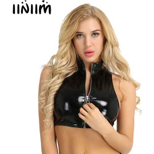 Iiniim Womens Fashion Night Clubwear Costume Wetlook Tops for Ladies Sleeveless Stand Collar Zipper Vest Match with Jeans Shorts