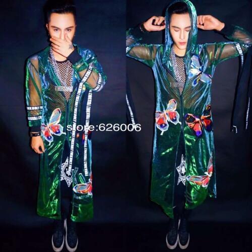 Personality Male Fashion Green Shining Long Jacket outwear Singer Stage Wear Paillette Cloak Costume Nightclub Bar Overcoat