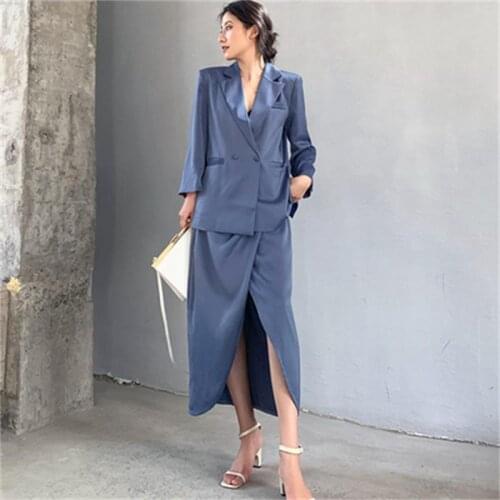 Fashion suit women suit suit summer new high-end thin section acetate satin casual temperament Loose suit skirt two-piece Sets