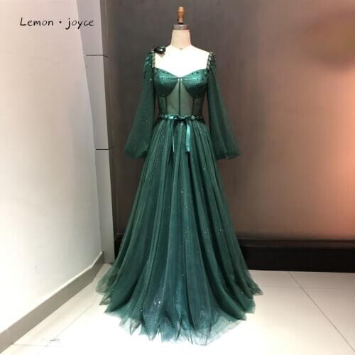 Lemon joyce Dark Green Prom Dresses 2021V-neck Long Sleeves A-Line Long Dress Party Prom Gown Plus Size Robe De Soiree