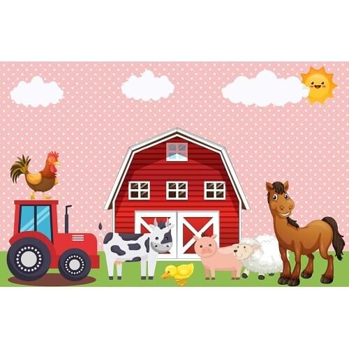 Cartoon Frame animal themed birthday party photography backdrop girl boy kids red barnyard bash windmill house children banner