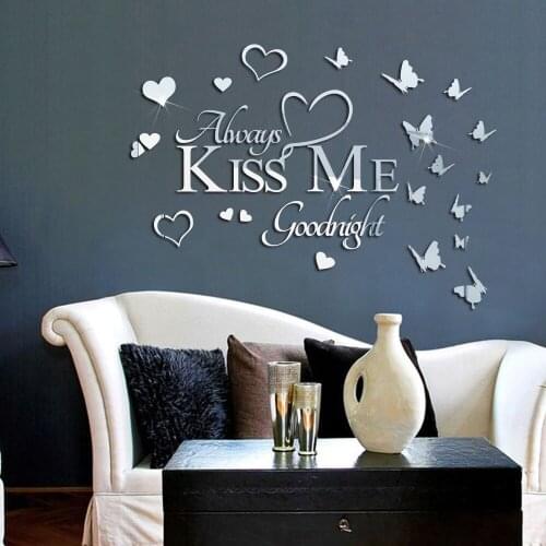 Wall Sticker, Letter Butterfly Heart Pattern Acrylic Sticker Decorative Paper for Sitting Room Bedroom, Silver