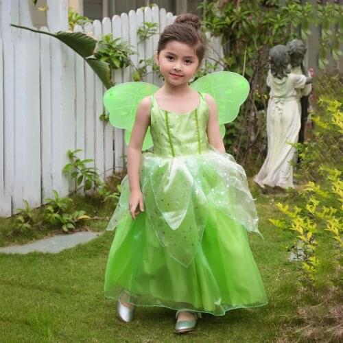 Girls Flower Fairy Dress Girls Princess Tiana Dress Fancy Fairy Wings Halloween Green Elf Costume Christmas Birthday Party Dress
