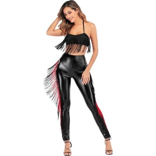 Sexy Side Tassel Stretch Leggings Sparkly Shiny High Waist Yoga Leggings Fitness Women Casual Skinny Pants Shining Slim Legins