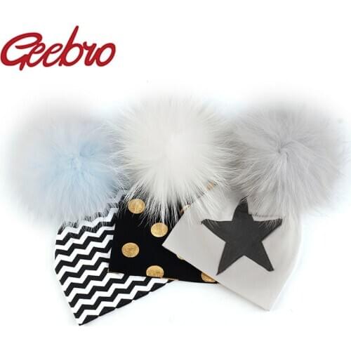Geebro Newborn Baby Hat Real raccoon fur ball Pompom Beanie Cotton Solid Hats For Baby Girls Boys Toddler Winter Children Caps