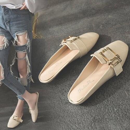 Womens Summer Low Heel Square Toe-Covered Slippers Leisure Home Slippers Women Mules Shoes Female Flat Slides Ladies Flip Flops