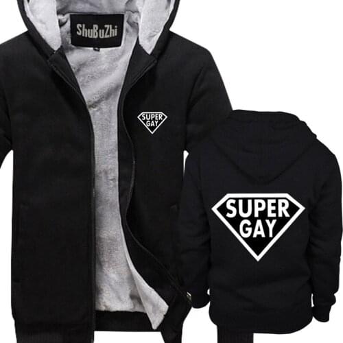 Thick fleece SUPER GAY PRANK shubuzhi men winter padded zipper sweatshirt fashion brand pattern print hoodies hip-hop hoody