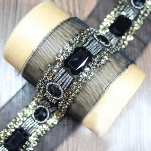 1yds Heavy Handmade Pearl Rhinestone Beaded Gold Sequin Lace Trim Mesh Lace Fabric DIY Sewing Belt Cuffs Dress Collar Decoration