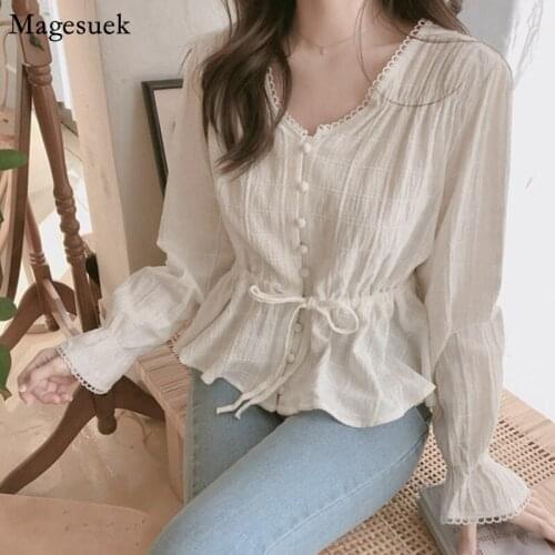 Korean Long Sleeve Women Shirt White Vintage V Neck Loose Women Blouses Tops Clothes Spring New Lace Up Button Shirt Blusas 9590
