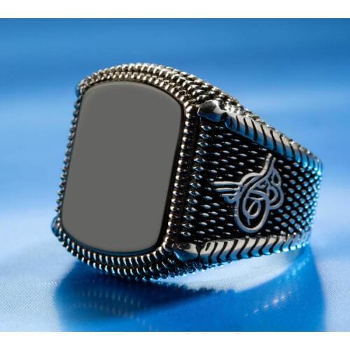 925 Sterling Silver Ottoman Tughra Mens Ring with Black Onyx Stone Plain Ring Black Stone Ring for Men Onyx Ring