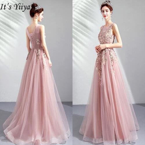Its YiiYa Prom Gowns 2019 Pink O-neck Sleeveless Floor Length Dresses Elegant Embroidery Long Party Dress Custom Plus Size E283