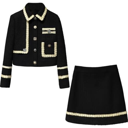 2020FW Autumn Winner Fashion Women Tweed Black Jacket Coat + A-Line Skirt Female OL Casual Sets 2 Piece Suits