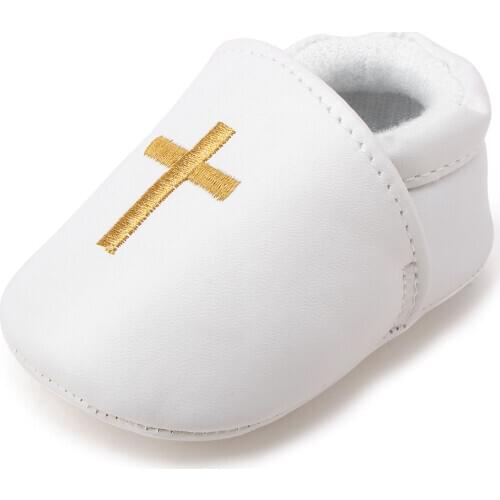 Delebao White Christening Baptism Golden Cross Infant Toddlers Baby Boy & Girl Slip-on Soft Sole Shoes
