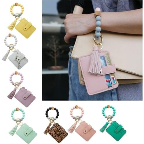 Wristlet Keychain Silicone Beaded Bracelet Leather Tassel Wallet Bangle