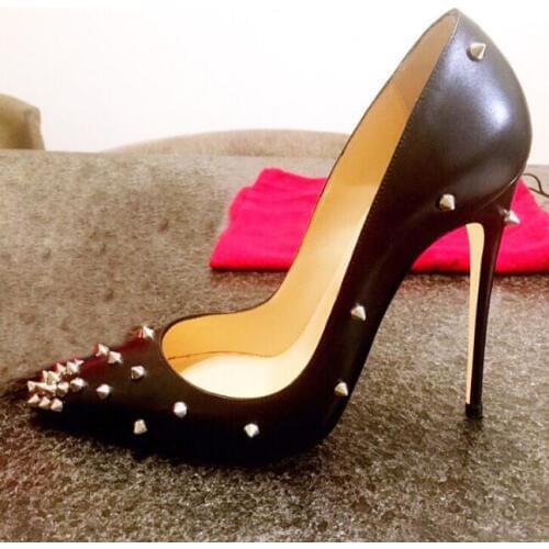 Carpaton Sexy Rivets Studded High Heel Shoes Woman Black White Leather Thin Heels Pumps Super High Slip on Dress Heels 36-42