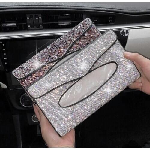 Rhinestone Crystal Car Tissue Box for Sun Visor Auto Hanging Tissue Box Diamond Sunshade Case Auto Car Accessories