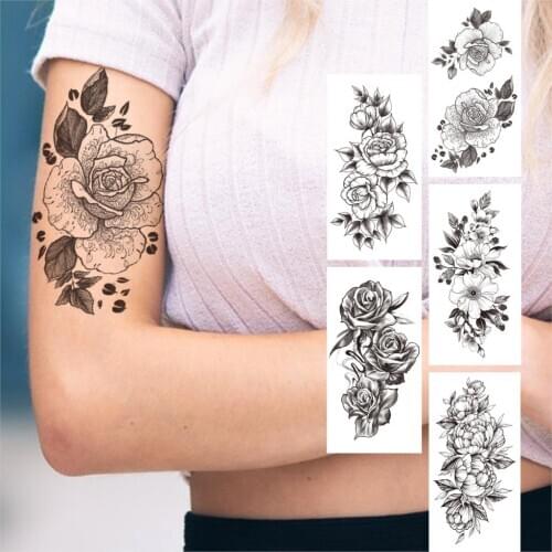 Black Peony Temporary Tattoo For Women Girls Fake Rose Daffodil Flower Tattoos Sticker Body Art Water Transfer Sexy Tatoos Paper