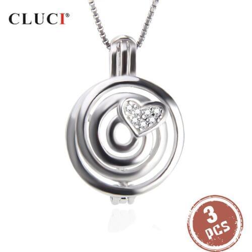 CLUCI 3pcs 925 Sterling Silver Cage Pendant Fine Jewelry For Women Silver 925 Heart Pearl Zircon Locket Pendant SC312SB