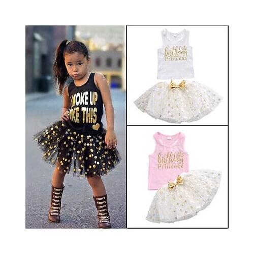 Kid Girls Toddler Sleeveless Top T-shirt Party Polka Dot Dress Skirt Outfit set