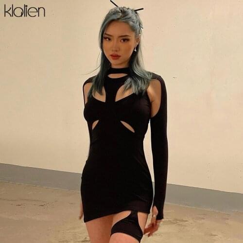 KLALIEN Women Spring Casual High Street Stretch Slim Hollow Out Sexy Mini Bodycon Dresses 2021 New Simple Solid Black Dresses