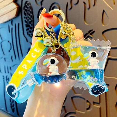 Creative Liquid Floatation Oil Spaceman Keychain Cartoon Cute Lollipop Bucket Keyring Couple Car Bag Pendant Charm Keyfob Gift