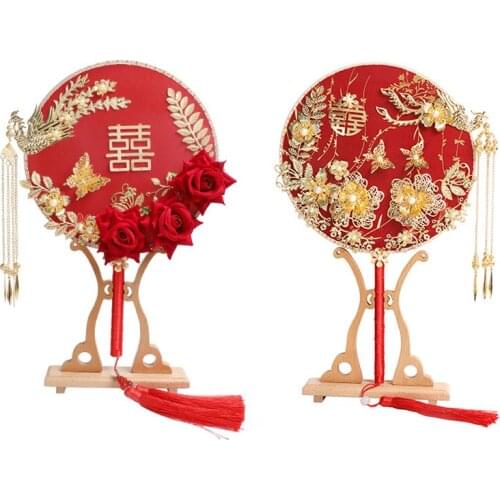 Round Chinese Fan Chinese Hand Fan Vintage Red Fan with Tassel for Wedding Bride Party Decoration Hogard