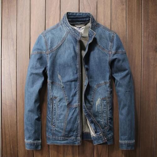 Spring Autumn Mens Blue Denim Motorcycle Jacket Vintage Distressed Retro Biker Coat Fashion Zipper Cotton Jeans Short Style
