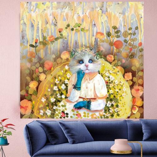 Cute Thinking kitten kitten cartoon wall hanging Oil painting texture Tapestries kids room Wall carpet Hanging Home DecGN.PAPAYA