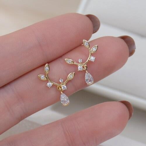 14K Real Gold S925 Silver Needle Exquisite Micro-inlaid Zircon Drop Leaf Shape Stud Earrings for Women Daily Jewelry