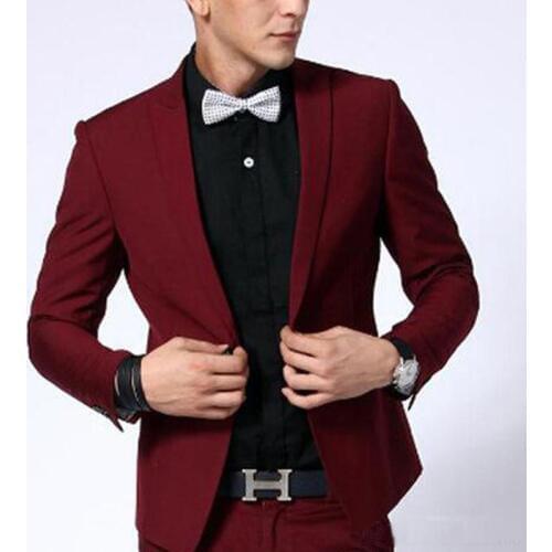 Two Piece Dark Red Evening Party Men Suits Peaked Lapel Blazer Trim Fit Custom Made Wedding Groom Tuxedos Jacket Pants