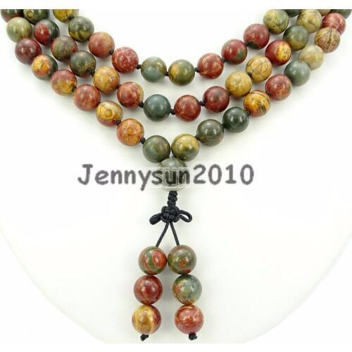Natural Picasso Ja-sper 10mm Gems Stone Buddhist 108 Beads Prayer Mala Knot Necklace Multi-Purpose 5Strands/Pack
