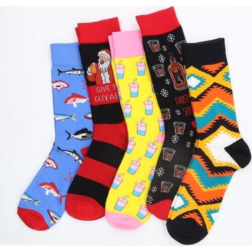 New Mens Sock Creative Cartoon Fish Geometric Santa Claus Pattern Hip Hop Happy Socks For Men Long Skate Funny Socks