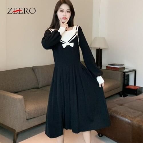 Autumn Winter Female High Elasticity Slim Warm Knitted Base Sweater Dress Women Bow Navy Collar Long Sleeve Pleated Midi Dresses