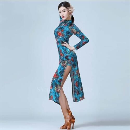 New Women Latin Dance Dress Long Sleeve Print Split Vintage Qipao Ballrom Practice Mordern Competition Stage Perfornmance Set