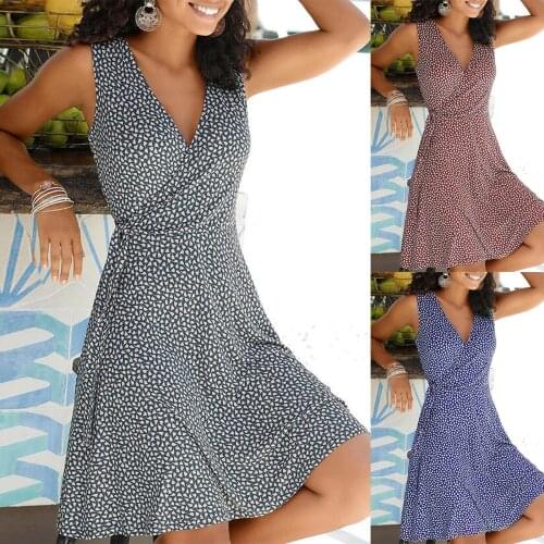 Summer Dress Women Casual Polka Dot Print Sleeveless Bandage Sexy Ladies Deep V-Neck Cross Dress Vintage Knee-length Vestido