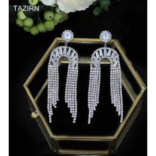 Luxurly AAA+ Cubic Zirconia Bling Drop Earrings Big White Tassle Shape Long CZ Women Wedding Dangle Earrings Pageant
