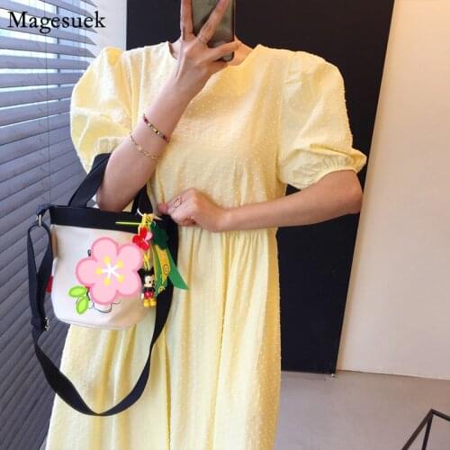 Chic Casual Vintage Summer Dresses for Women Party 2021 O Neck Loose Long Dress Female Puff Sleeve Yellow Dress Robe Femme 13850