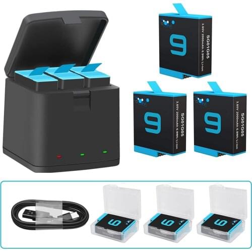PUENDI 2000mAh Batteries and 3-Channel USB Charger For GoPro Hero 9 Black (Fully Compatible with GoPro 9 Battery and Charger)