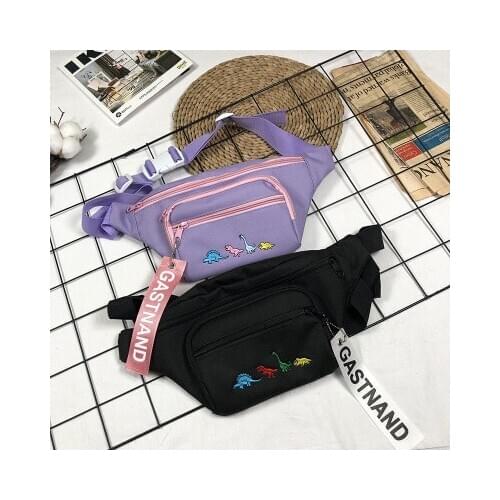 Korean Harajuku female chest bag solid color student embroidery dinosaur diagonal small waist bag tide brand hip hop street bag