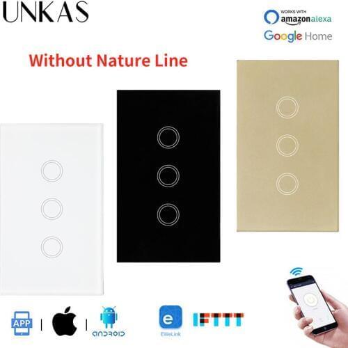 UNKAS 3 Gang US Standard WIFI Touch Switch Ewelink APP Work with Google Home Alexa US Smart Home Single Fire Line