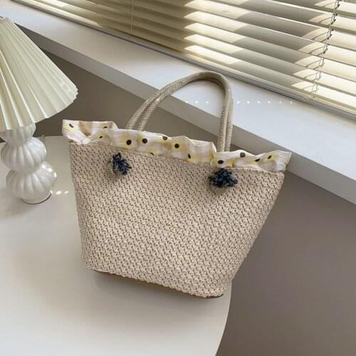 Vintage Women Lace Straw Woven Patchwork Shoulder Shopping Bag Casual Summer Beach Vacation Large Capacity Tote Handbags