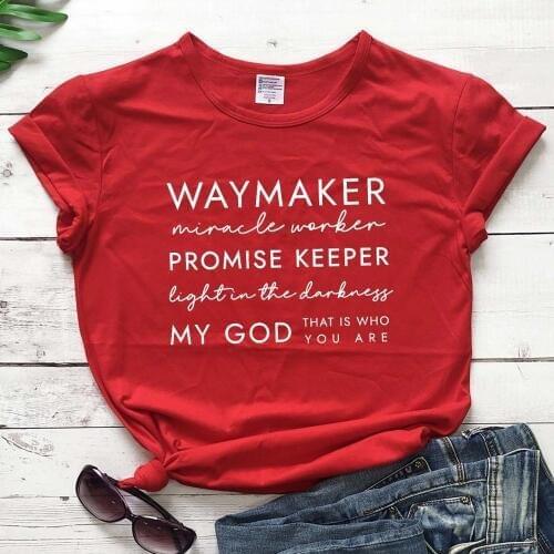 Waymaker Miracle Worker promise keeper t shirt slogan quote religion Christian Bible baptism cotton casual tees vintage top M092