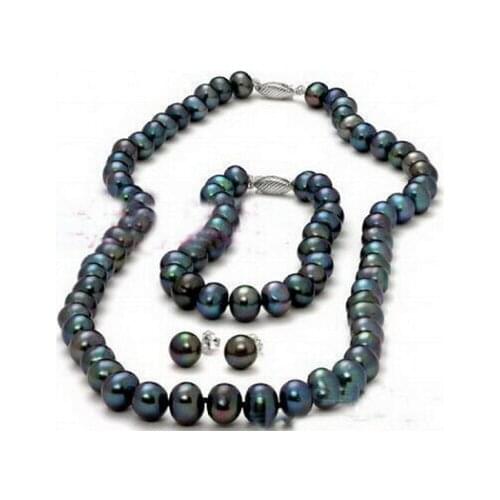 Jewelry 001350 9-10mm Real Black Pearl 18KWGP Clasp Necklace Bracelet Earrings Set