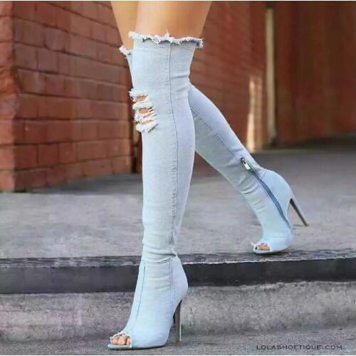 High Quality Blue Denim Women High Boots Peep Toe Cut-out Jeans Women Over The Knee Boots Plus Size 10 Gladiator Sandal Boots