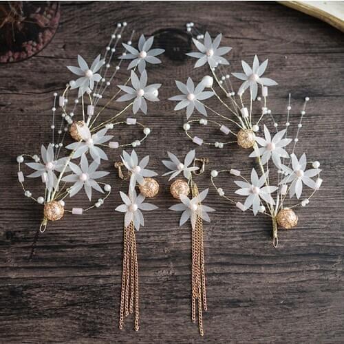 Women Elegant Crystal Pearl Flower Hair Jewelry Wedding Hair Accessories Bridal Hair Clips tiara hair Earrings ornaments