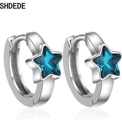 SHDEDE 925 Sterling Silver Hoop Earrings For Women Embellished With Crystals From Swarovski Blue Star Party Gift Jewelry -X449