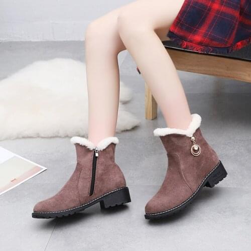 Womens Solid Color Square High Heels Zipper Suede Warm Snow Boots Round Head Suede Side with Snow Boots 2019 New