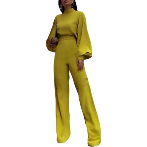 High Collar Long Sleeve Backless Women Jumpsuits Casual Playsuit Sexy Hight Waist Flare Straight Long Tousers Female Playsuit