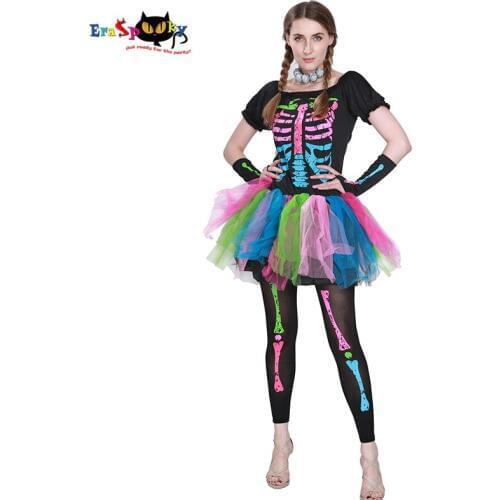 Eraspooky halloween costumes for Women cosplay Funky Punky Bones Costume Skull Skeleton Halloween Costume Dress And Leggings Set