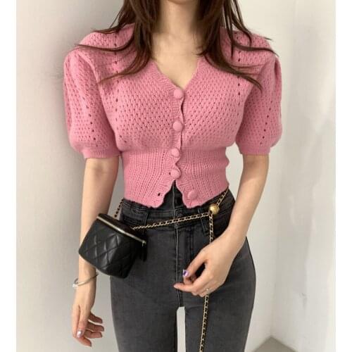Ladies Solid V-Neck Pink Knitwear Summer Womens Puff Short Sleeve Short Cardigan Single-breasted White Knitted Sweater Crop Top